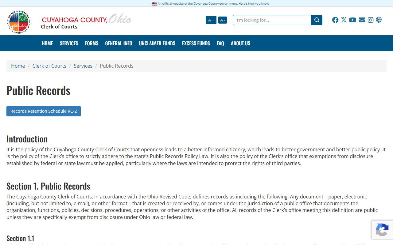 Cuyahoga County public records request policy page from the Clerk of Courts