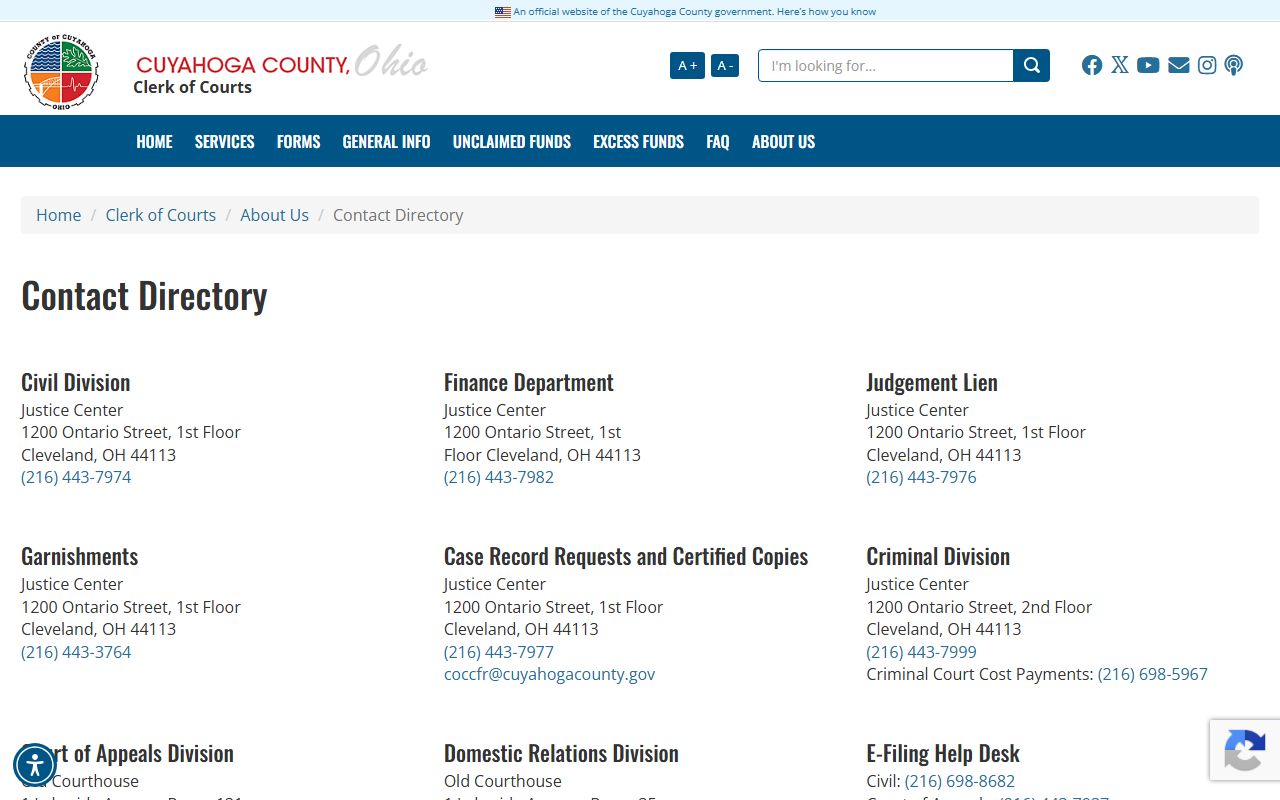 Cuyahoga County Clerk of Courts contact directory and division phone lines