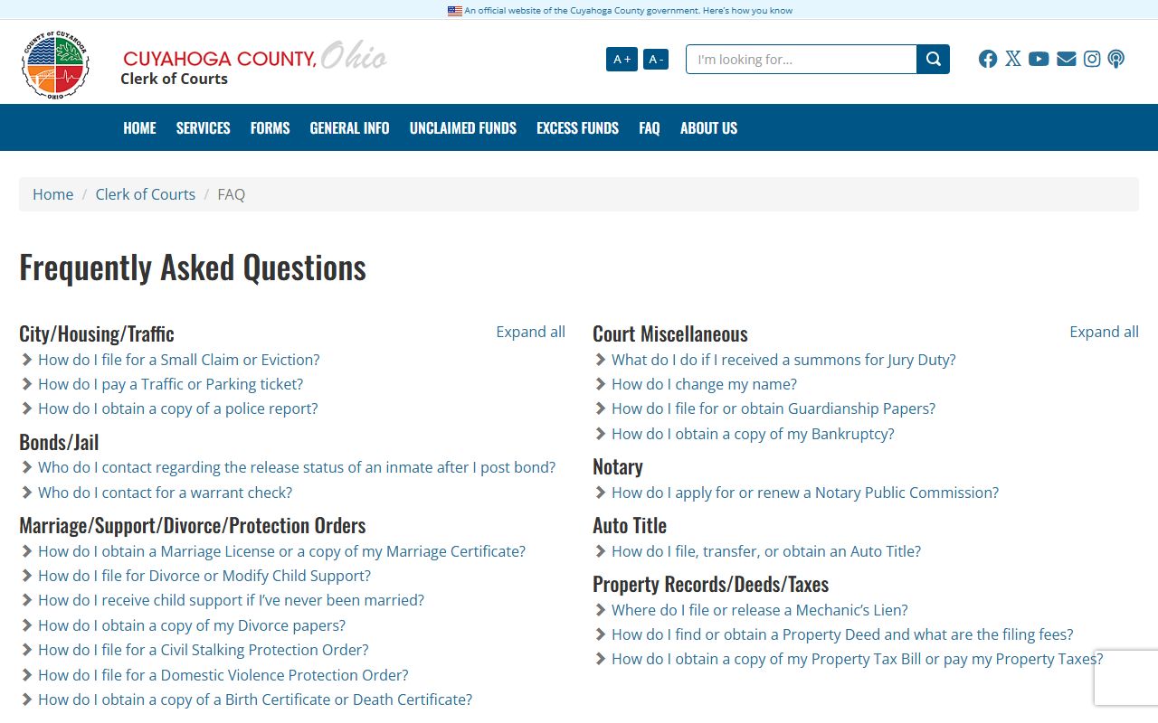 Cuyahoga County court records Clerk of Courts FAQ page