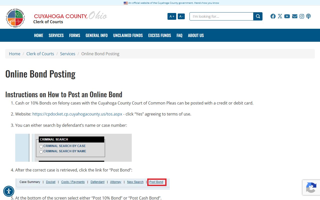 Cuyahoga County Clerk of Courts online bond posting and fee information