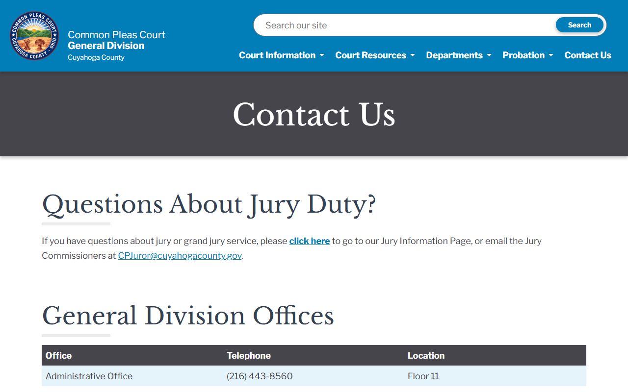 Cuyahoga County Court of Common Pleas contact page and court directory