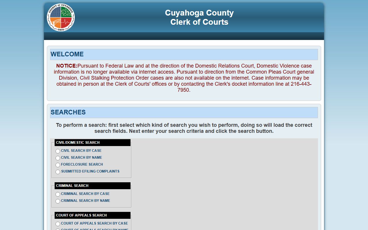 Cuyahoga County court records search selection interface