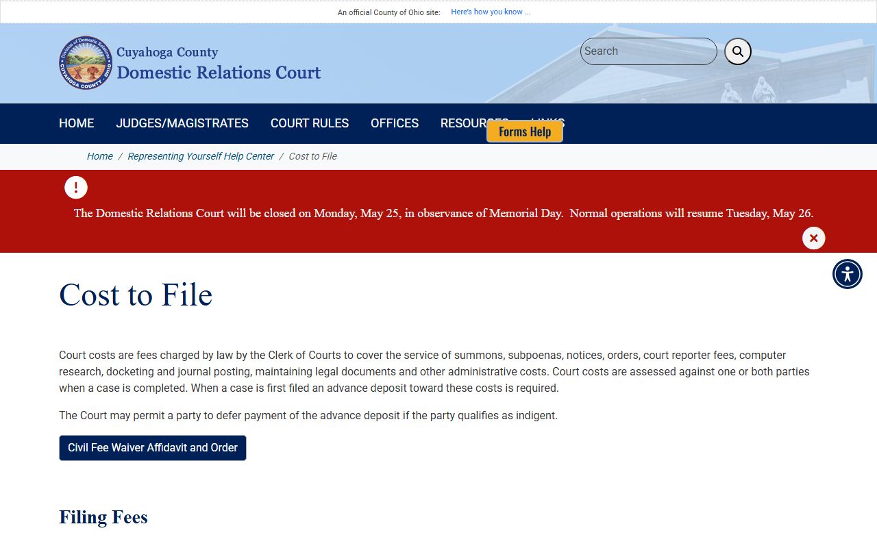 Cuyahoga County Domestic Relations divorce filing cost information page