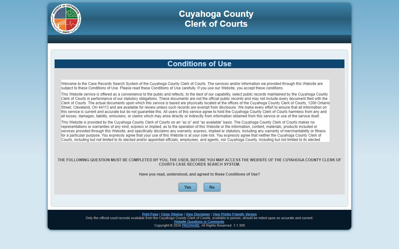Cuyahoga County court dockets search terms of use page