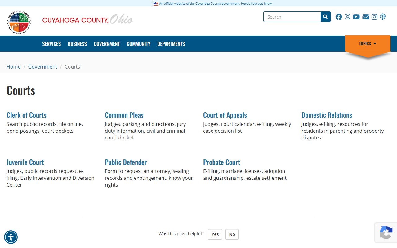 Cuyahoga County court records landing page listing county courts