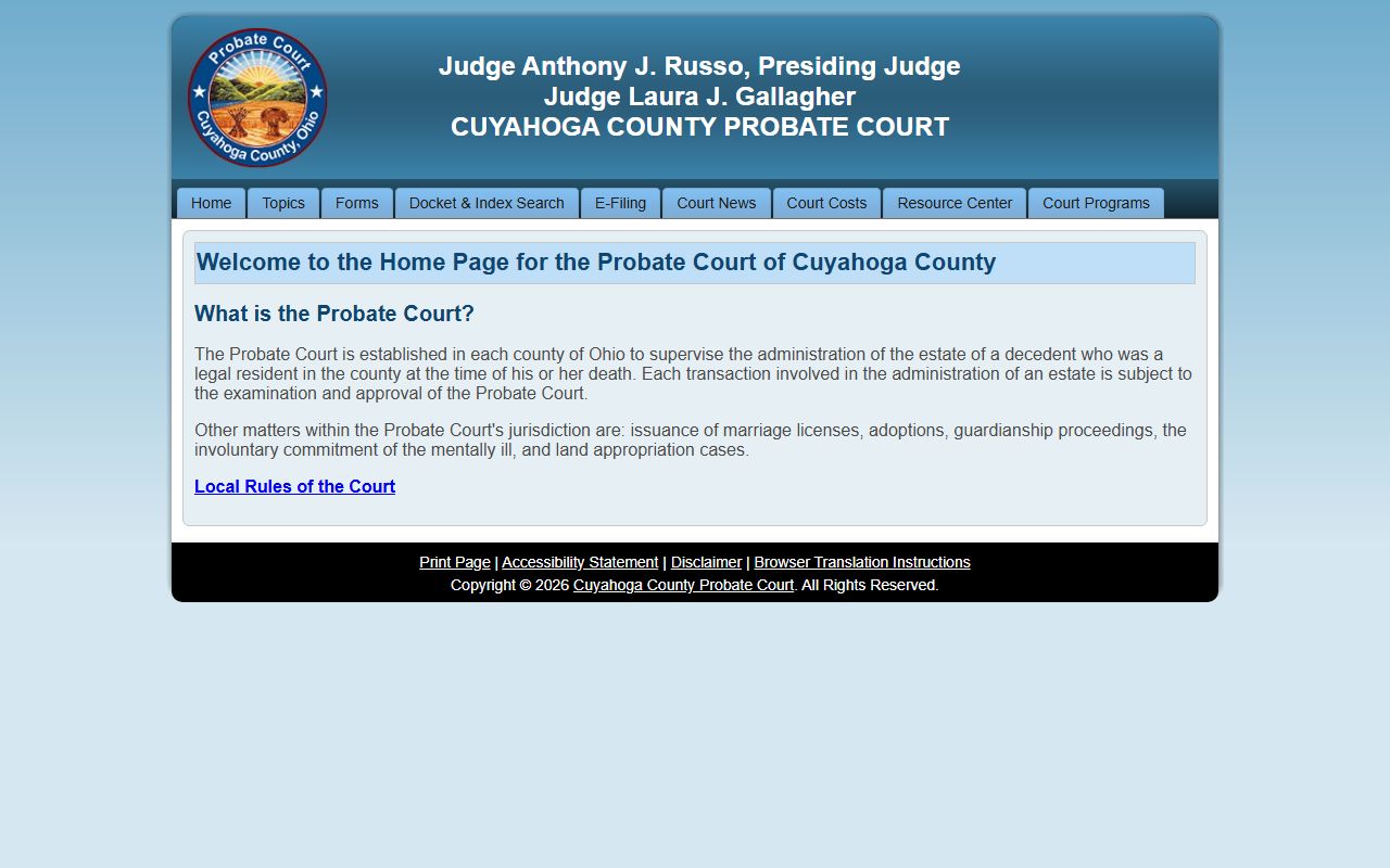 Cuyahoga County Probate Court home page and jurisdiction summary