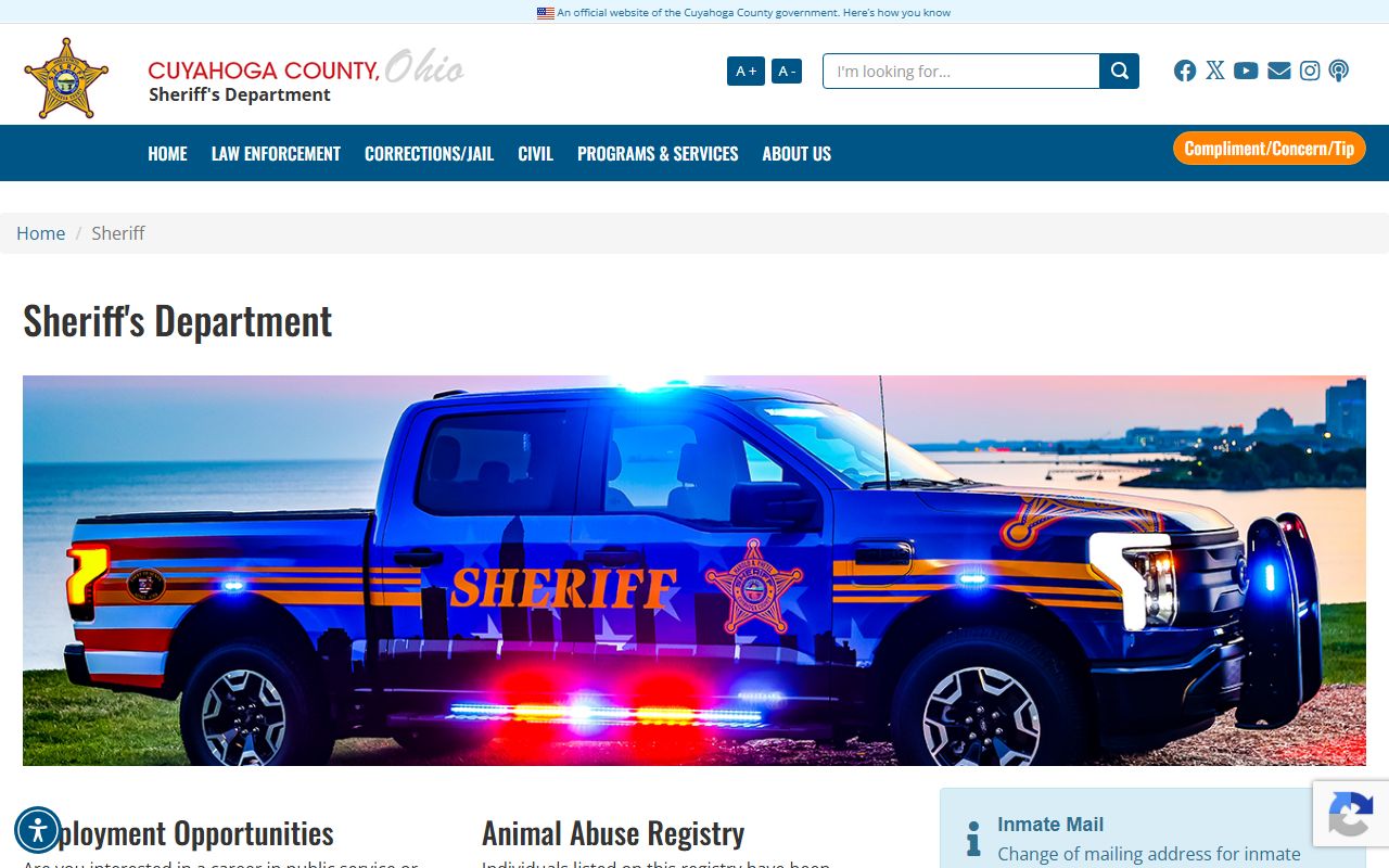 Cuyahoga County Sheriff home page with inmate and contact information