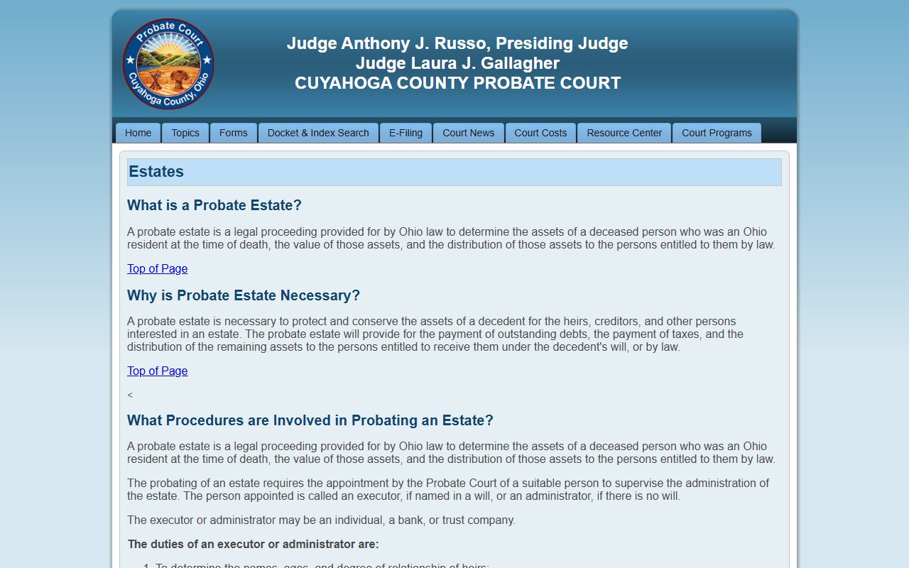Cuyahoga County probate records estates information page