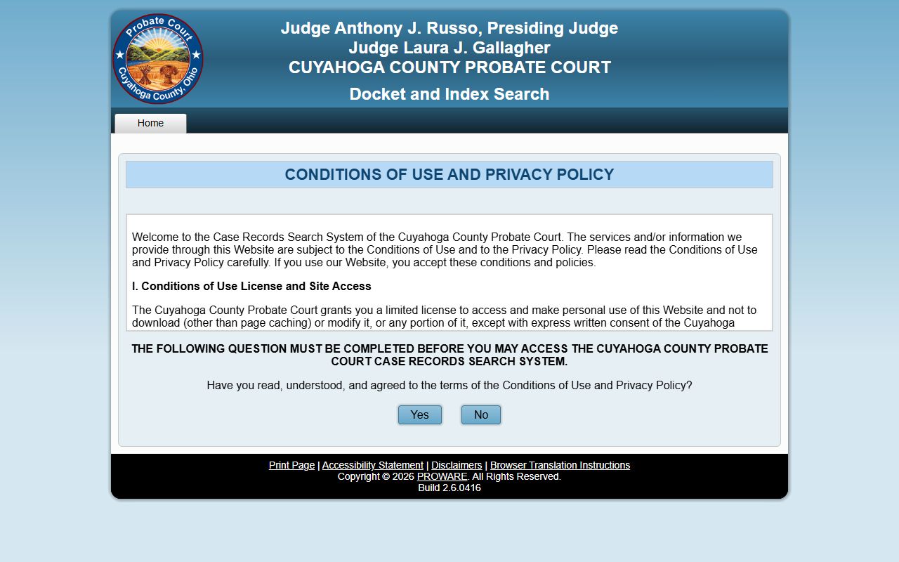 Cuyahoga County probate records Docket and Index Search terms page