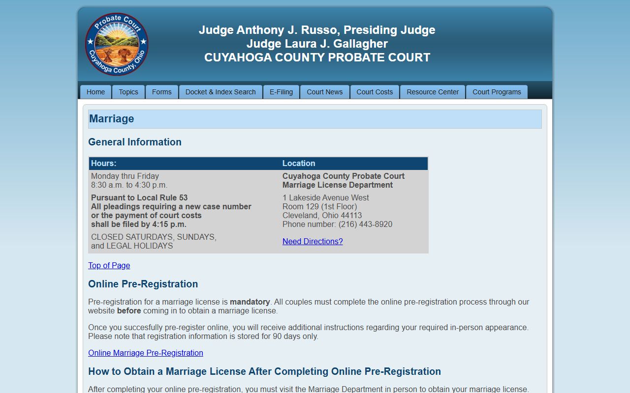 Cuyahoga County marriage license pre-registration page from Probate Court