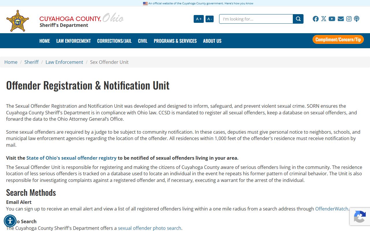 Cuyahoga County sex offender registry search page