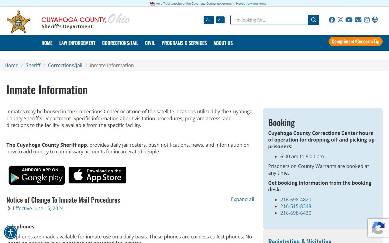 Cuyahoga County arrest records and Sheriff jail inmate information page