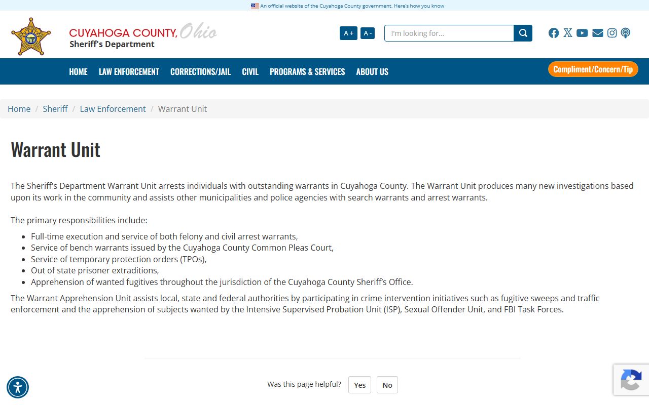 Cuyahoga County Sheriff Warrant Unit page for warrant records