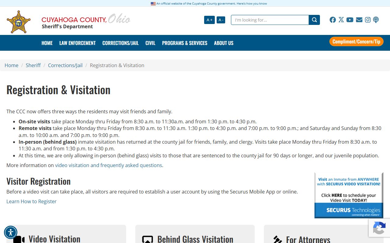 Cuyahoga County jail visitation and Securus registration page