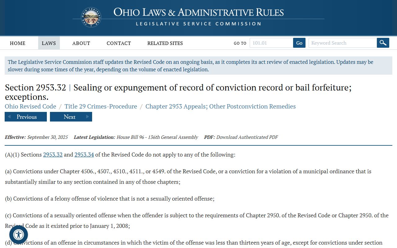 Ohio criminal record sealing statute that governs Cuyahoga County arrest records